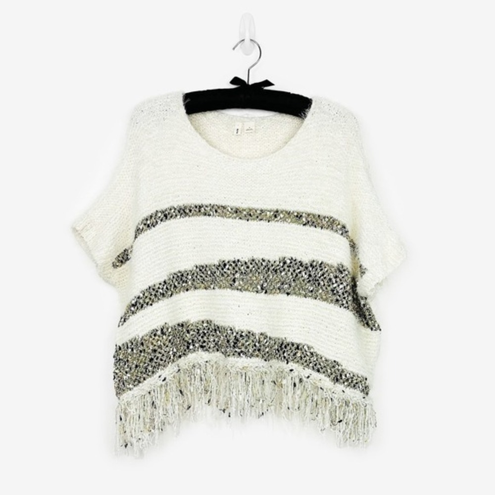Anthropologie Moth Crew Fringe Poncho Size S Cream Sweater Western Flowy